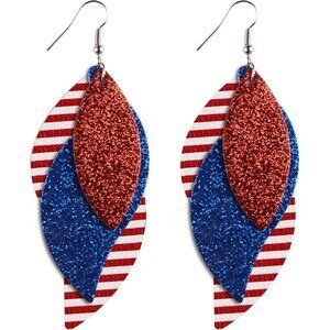 Women's 3 Layered Red and Blue Lightweight Faux Leather Leaf Drop Dangle Earring